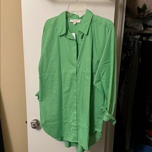 LOFT Bright Green Button Up Tunic Shirt
